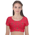 Sketchy Christmas Tree Motif Drawing Pattern Velvet Short Sleeve Crop Top 