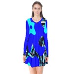 Abstract Tropical Long Sleeve V-neck Flare Dress