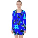 Abstract Tropical V-neck Bodycon Long Sleeve Dress