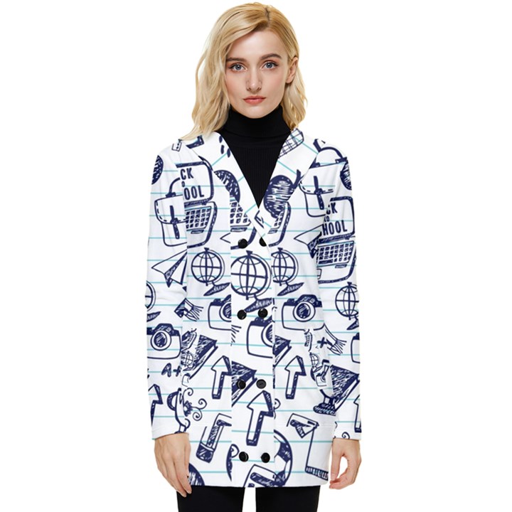 Hand-drawn-back-school-pattern Button Up Hooded Coat 