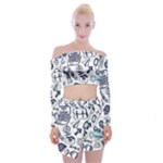 Hand-drawn-back-school-pattern Off Shoulder Top with Mini Skirt Set
