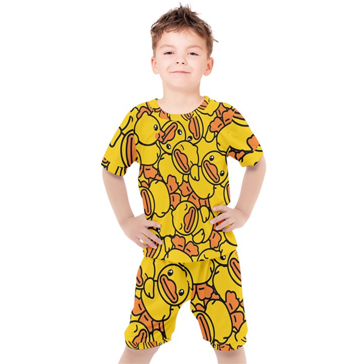 Duck Cartoon Background Pattern Kids  Tee and Shorts Set