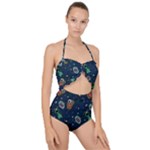 Monster Alien Pattern Seamless Background Scallop Top Cut Out Swimsuit