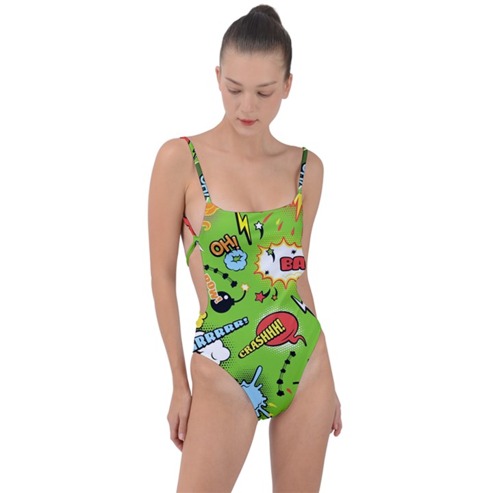 Modern-comics-background-pattern-with-bombs-lightening-jagged-clouds-speech-bubbles Tie Strap One Piece Swimsuit