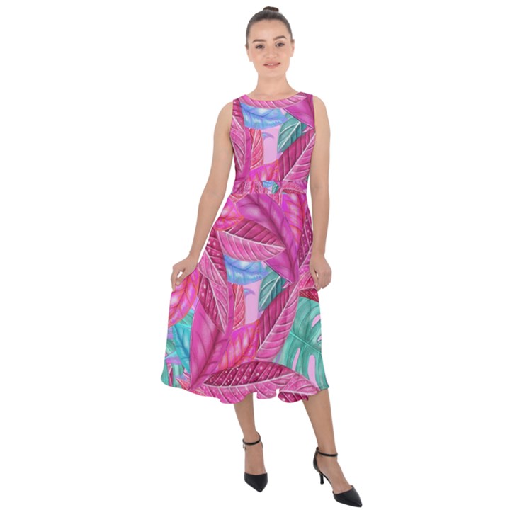 Sheets Tropical Reason Print Pattern Design Midi Tie-Back Chiffon Dress