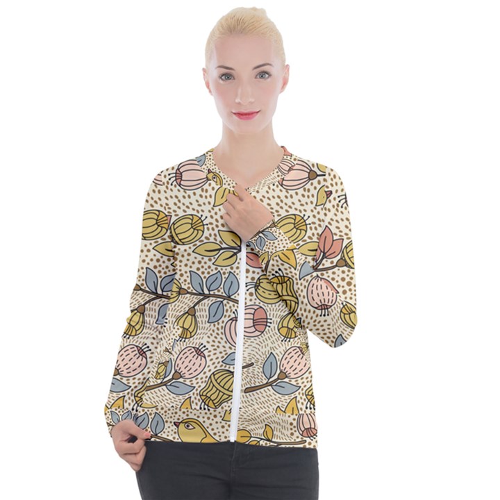 Seamless Pattern With Flower Bird Casual Zip Up Jacket