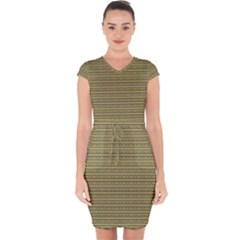 Golden Striped Decorative Pattern Capsleeve Drawstring Dress 