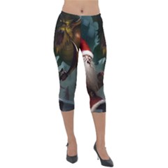 A Santa Claus Standing In Front Of A Dragon Low Lightweight Velour Capri Leggings 