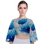 Abstract Blue Ocean Wave Ii Tie Back Butterfly Sleeve Chiffon Top