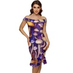 Whimsical Forest Mushroom Off Shoulder Ruffle Split Hem Bodycon Dress