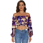 Whimsical Forest Mushroom Long Sleeve Crinkled Weave Crop Top