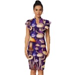 Whimsical Forest Mushroom Vintage Frill Sleeve V-Neck Bodycon Dress