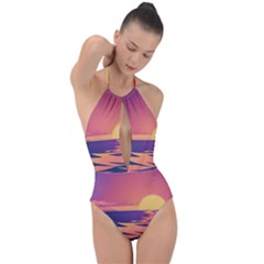Sunset Ocean Beach Water Tropical Island Vacation Plunge Cut Halter Swimsuit