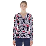 Cute Christmas Seamless Pattern Vector V-Neck Long Sleeve Top