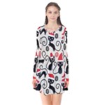 Cute Christmas Seamless Pattern Vector Long Sleeve V-neck Flare Dress