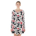 Cute Christmas Seamless Pattern Vector Long Sleeve Velvet V-neck Dress