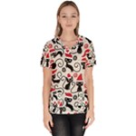 Cute Christmas Seamless Pattern Vector Women s V-Neck Scrub Top