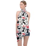 Cute Christmas Seamless Pattern Vector Halter Asymmetric Satin Top