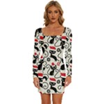 Cute Christmas Seamless Pattern Vector Long Sleeve Square Neck Bodycon Velvet Dress