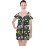 Colorful Funny Christmas Pattern Ruffle Cut Out Chiffon Playsuit