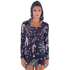 Holiday Seamless Pattern With Christmas Candies Snoflakes Fir Branches Berries Long Sleeve Hooded T-shirt
