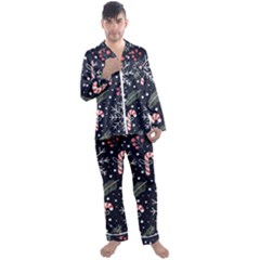 Holiday Seamless Pattern With Christmas Candies Snoflakes Fir Branches Berries Men s Long Sleeve Satin Pajamas Set