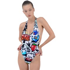 Graffiti Art Cartoon Comic Backless Halter One Piece Swimsuit
