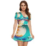 Tsunami Tidal Wave Waves Minimalist Ocean Sea V-Neck High Waist Chiffon Mini Dress