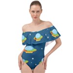 Seamless-pattern-ufo-with-star-space-galaxy-background Off Shoulder Velour Bodysuit 