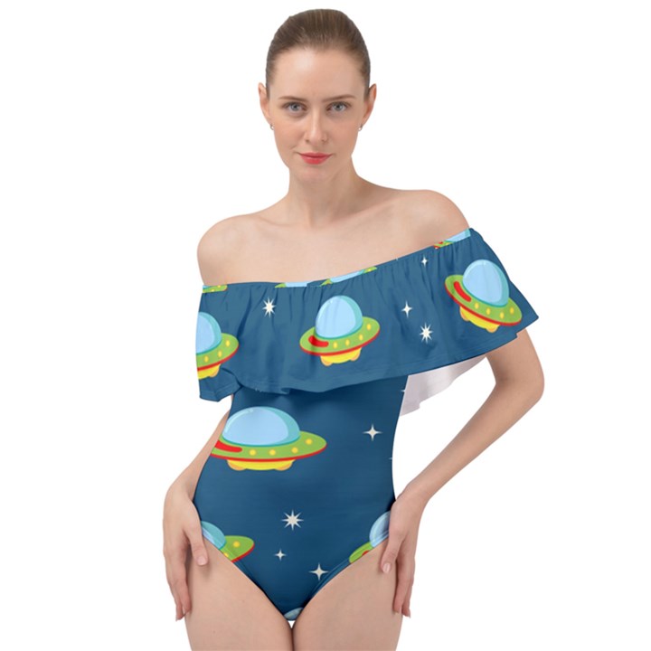 Seamless-pattern-ufo-with-star-space-galaxy-background Off Shoulder Velour Bodysuit 
