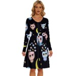 Cute-owl-doodles-with-moon-star-seamless-pattern Long Sleeve Dress With Pocket