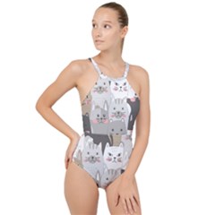 Cute Cats Seamless Pattern High Neck One Piece Swimsuit