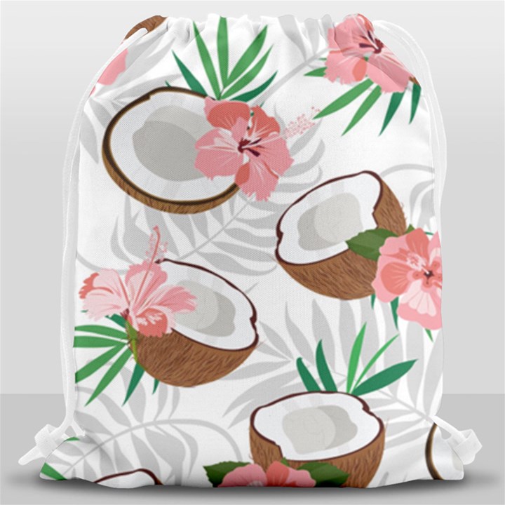 Seamless Pattern Coconut Piece Palm Leaves With Pink Hibiscus Drawstring Bag (Large)