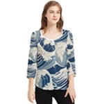 Japanese Wave Pattern Chiffon Quarter Sleeve Blouse