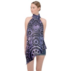 Hamsa Hand Halter Asymmetric Satin Top