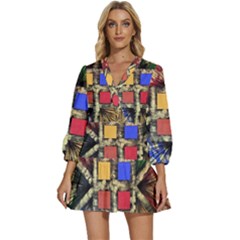 Acrylic Abstract Art Design  V-neck Placket Mini Dress