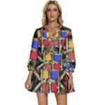 Acrylic abstract art design  V-Neck Placket Mini Dress