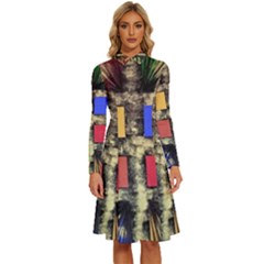Acrylic Abstract Art Design  Long Sleeve Shirt Collar A-line Dress