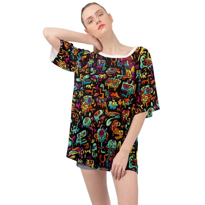 Cartoon Monster Pattern Abstract Background Oversized Chiffon Top