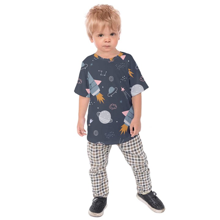 Space Background Illustration With Stars And Rocket Seamless Vector Pattern Kids  Raglan Tee