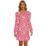 Swan Pattern Elegant Style Long Sleeve Waist Tie Ruffle Velvet Dress