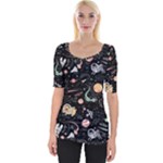 Cat And Dog Space Pattern Wide Neckline T-Shirt