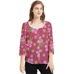Flower Background Pattern Pink Chiffon Quarter Sleeve Blouse