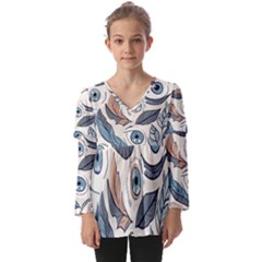 Eyes Pattern Kids  V Neck Casual Top