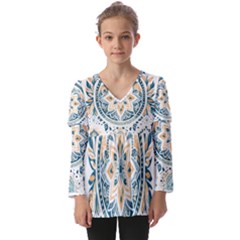Boho Pattern Kids  V Neck Casual Top