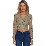 Fox Pattern Texture Long Sleeve V-Neck Top