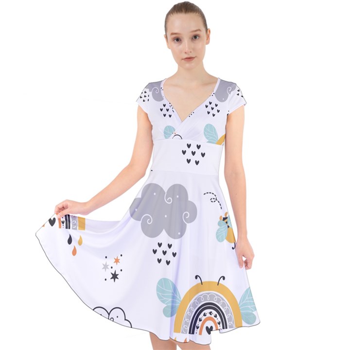 Art Pattern Design Wallpaper Background Print Cap Sleeve Front Wrap Midi Dress