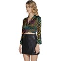 Circuit Hexagonal Geometric Pattern Background Pattern Long Sleeve Tie Back Satin Wrap Top View2
