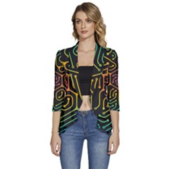 Circuit Hexagonal Geometric Pattern Background Pattern Women s 3/4 Sleeve Ruffle Edge Open Front Jacket