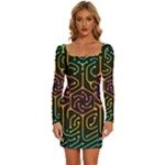 Circuit Hexagonal Geometric Pattern Background Pattern Long Sleeve Square Neck Bodycon Velvet Dress